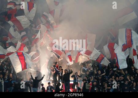 Paris, Frankreich. September 2021. PSG-Fans in Aktion während der UEFA Champions League Group Etappe der Gruppe A zwischen Paris Saint Germain und Manchester City im Parc des Princes Stadium - Paris Frankreich.Paris SG gewann 2:0 (Bildnachweis: © Pierre Stevenin/ZUMA Press Wire) Stockfoto