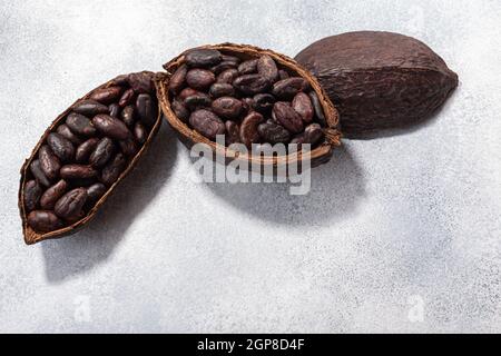 Geteilte fermentierte Kakaoschote mit geschälten Kakaobohnen auf hellgrauem Hintergrund, Draufsicht, Kopierraum Stockfoto