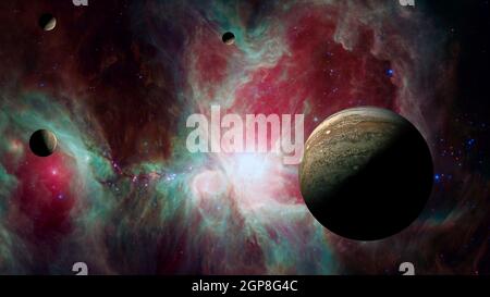 Blick auf Jupiter, den fünften Planeten des Sonnensystems, mit Nebel und Galaxie. Elemente dieses Bildes, die von der NASA eingerichtet wurden. Science-Fiction-Tapete. Stockfoto