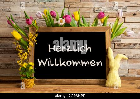 Tafel mit deutschem Text Herzlich Willkommen bedeutet Herzlich Willkommen. Farbenfrohe Einrichtung Mit Tulpenblüten Im Frühling. Backsteinwand Hintergrund Stockfoto