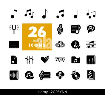 Noten flache Vektor Glyphen Symbole gesetzt. Graph Symbol für Musik und Sound Website und Apps Design, Logo, App, UI Stockfoto