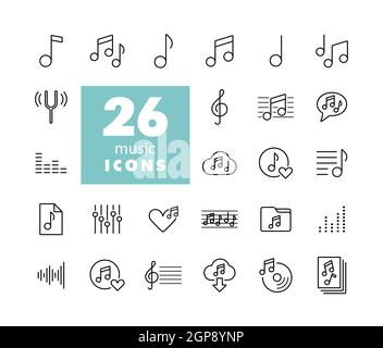 Noten flache Vektor-Symbole gesetzt. Graph Symbol für Musik und Sound Website und Apps Design, Logo, App, UI Stockfoto