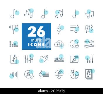 Noten flache Vektor-Symbole gesetzt. Graph Symbol für Musik und Sound Website und Apps Design, Logo, App, UI Stockfoto