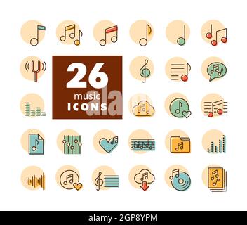 Noten flache Vektor-Symbole gesetzt. Graph Symbol für Musik und Sound Website und Apps Design, Logo, App, UI Stockfoto