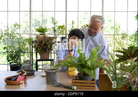 Der pensionierte Großvater verbrachte die Ferien mit seinem Enkel, der sich um den Innengarten kümmerte. Stockfoto