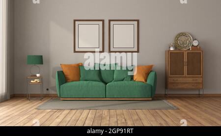 Grünes Sofa in einem Vintage-Interieur mit Sideboard mit Schubladen Und leerer Bilderrahmen - 3D Rendering Stockfoto