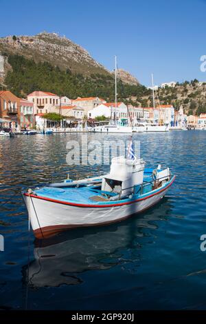 Boote in Hafen, Insel Kastellorizo (Megisti), Dodecanese Group, Griechenland Stockfoto