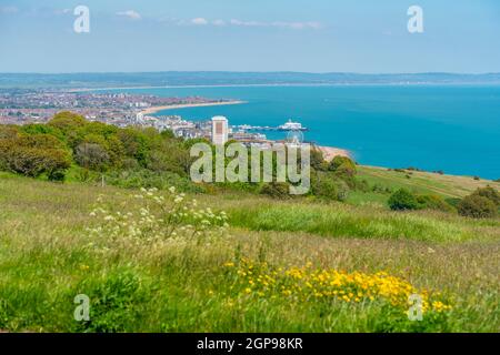 Blick auf Eastbourne von oben auf die Stadt bei Beachy Head, Eastbourne, East Sussex, England, Großbritannien, Europa Stockfoto