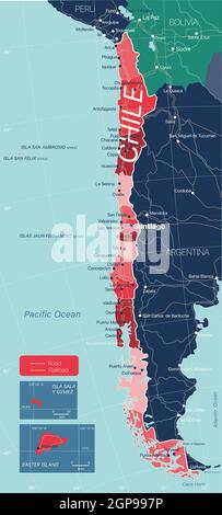 Chile Land detaillierte editierbare Karte mit Regionen Städte und Gemeinden, Straßen und Eisenbahnen, geografische Standorte. Vector EPS-10-Datei Stockfoto