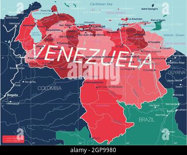 Venezuela Land detaillierte editierbare Karte mit Regionen Städte und Städte, Straßen und Eisenbahnen, geografische Standorte. Vector EPS-10-Datei Stockfoto