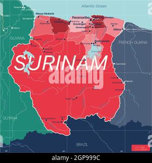 Surinam Land detaillierte editierbare Karte mit Regionen Städte und Gemeinden, Straßen und Eisenbahnen, geografische Standorte. Vector EPS-10-Datei Stockfoto