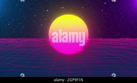 Welliges Neongitter mit großer Sonne, computergeneriert. 3D Rendering Hintergrund im Retro-Stil Stockfoto