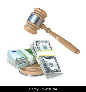 Gavel mit Geld Symbol der Korruption 3D Rendering Illustration isoliert Auf weißem Hintergrund Stockfoto
