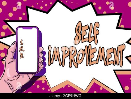 Inspiration zeigt Zeichen Selbstverbesserung. Wort, das über den Prozess geschrieben wurde, sich selbst zu einem besseren oder kenntnisfähigeren Anzeigen wichtiger Informationen zu machen Stockfoto
