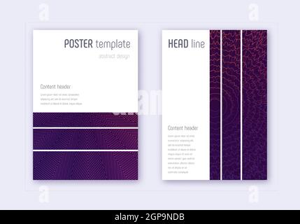 Design-Vorlagensatz für geometrische Abdeckungen. Violette abstrakte Linien auf dunklem Hintergrund. Auffälliges Einband-Design. Ekstatischer Katalog, Poster, Buchvorlage usw. Stock Vektor