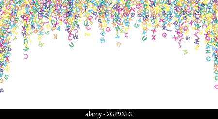 Fallende Buchstaben der englischen Sprache. Bunte Skizze fliegende Wörter des lateinischen Alphabets. Fremdsprachen Studienkonzept. Symmetrisches Back to School Banner auf weißem Hintergrund. Stock Vektor