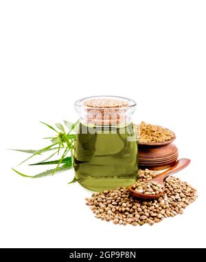 Hanföl im Glasgefäß, ein Haufen Getreide mit einem Löffel und Mehl in einer Schüssel, grüne Cannabisblätter isoliert auf weißem Hintergrund Stockfoto