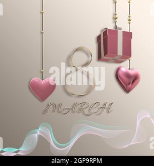 Schöne Grußkarte vom 8th. März. Women's Day elegant schöne Design-Vorlage. Text 8 März aus goldenem Glanzband. Hängende Geschenkbox, 3D HE Stockfoto