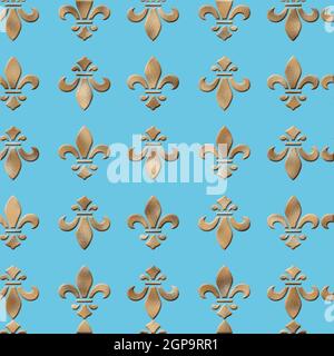 Nahtloses, goldenes Lilienfleur-de-Lis-Muster auf türkisblauem Hintergrund. Luxus-Design, Druck, Poster, Tapete, Geschenkverpackung. 3D-Illustration Stockfoto