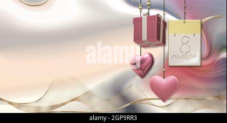 Frauentag 8. März. Kalender mit 8. März, hängend 3D Geschenkbox, Herzen auf pastellrosa abstrakten Hintergrund. Schönes Design für 8th März Internation Stockfoto