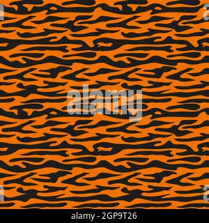 Nahtloses Muster aus schwarzen Streifen Tiger auf orangefarbenem Hintergrund. Leuchtender Druck für den Feiertag, Symbol des neuen Jahres, festliches Design Stock Vektor