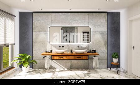 Modernes Badezimmer mit Waschtisch auf einer Holzeiche Waschtisch mit schwarzem Wasserhahn 3D-Illustration Stockfoto