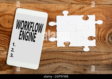 Text-Workflow-Engine wird geschrieben. Konzept, das Software-Anwendung zur Verwaltung von Geschäftsprozessen bedeutet Aufbau eines unfertigen weißen Puzzles Stockfoto