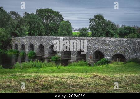 Nahaufnahme auf alten, 12th Jahrhundert Steinbogen Bective Bridge über Boyne River umgeben von grünen Feldern und Wald, Graf Meath, Irland Stockfoto