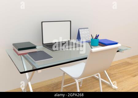 Laptop-Schreibtisch. Schöner Arbeitsplatz für die Arbeit von zu Hause aus. 3D-Grafik-Rendering. Stockfoto