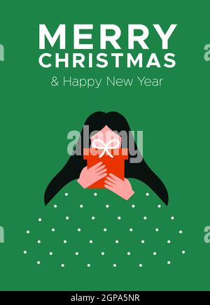 Frohe Weihnachten und ein glückliches neues Jahr Grußkarte Illustration. Frau hält Weihnachten Geschenk-Box in abstrakten flachen Cartoon-Stil. Mädchen Eröffnung Geschenk für wi Stock Vektor