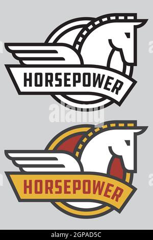 Vektorgrafik „Horse Power“ oder Logo. Niedliche Vektordarstellung eines stilisierten, kühnen Umrisses Pferd mit Flügeln und Banner, das Pferdestärke verkündet. Schwarzweiß und Farbe. Stock Vektor