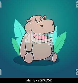 Nette Glückliche Große Hippo Hippopotamus Sitzende Blätter Maskottchen Charakter Cartoon Stock Vektor