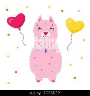 Alpaca Lama trägt eine Halskette, ein Medaillon um seinen Hals und lächelt. Rund um Tier, Ballons und Konfetti. Glückwunschkarte, Banner oder Poster für Textil oder Print. Vektorgrafik Stock Vektor