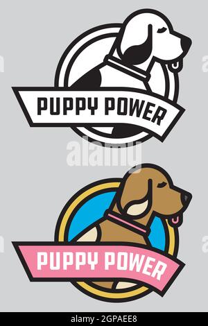 Puppy Power Vektor-Abzeichen oder -Logo. Niedliche Vektordarstellung eines stilisierten, auffälligen Outline-Hundes mit Banner, das Puppy Power proklamiert. Schwarzweiß und Farbe Stock Vektor