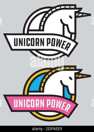 Unicorn Power-Vektor-Abzeichen oder -Logo. Niedliche Vektor-Illustration von stilisierten, kühnen Umriss Einhorn mit Banner verkünden Einhorn Power. Schwarzweiß und Farbe. Stock Vektor