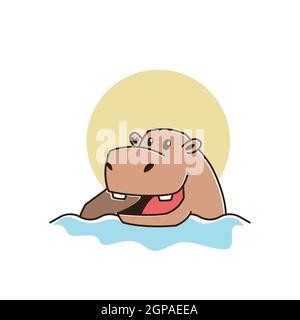 Niedliche Glücklich Große Hippo Hippopotamus Schwimmen Fluss Maskottchen Charakter Cartoon Stock Vektor