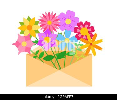 Briefumschlag Brief Mail mit Frühling und Sommer Blumen flache Vektor-Illustration isoliert auf weißem Hintergrund. Hallo Frühling und Blumen Lieferkonzept. Alles Gute Zum Valentinstag. Internationaler Frauentag Stock Vektor
