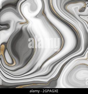 Schöner grauer abstrakter Marmorachat mit goldener Aderstruktur. Flüssiger Marmoreffekt. Abbildung Stockfoto