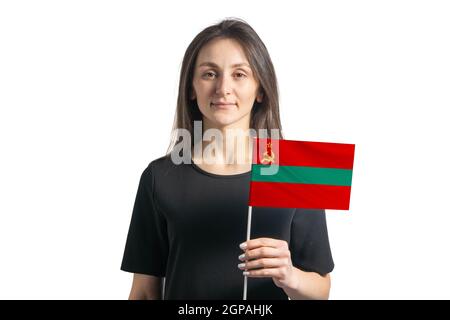 Happy junge weiße Mädchen hält Transnistria Flagge isoliert auf einem weißen Hintergrund. Stockfoto