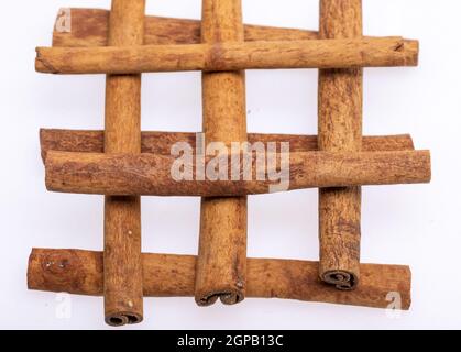 Zimtstangen, klassische Würze aus der inneren Rinde tropischer asiatischer Bäume, würzig und aromatisch zum Kochen, Backen, für gesunde Ernährung und medizinische Zwecke Stockfoto