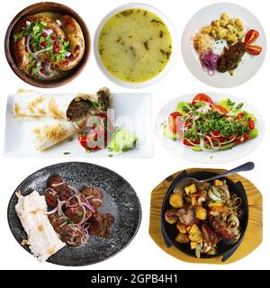 Sammlung von verschiedenen traditionellen georgischen Gerichten auf weiß isoliert Stockfoto