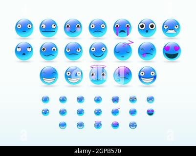 Satz von Vektor-Emoticons. Symbole für Lächeln. Isolierte Vektorgrafik auf weißem Hintergrund. Vektor Emoji flaches Design, Vektor-Illustration. Stockfoto