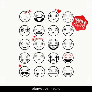 Satz von Vektor-Emoticons. Symbole für Lächeln. Isolierte Vektorgrafik auf weißem Hintergrund. Vektor Emoji flaches Design, Vektor-Illustration. Stockfoto