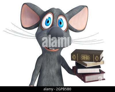 3D Rendering einer niedlichen lächelnden Cartoon-Maus hält einen Stapel von Büchern in der Hand. Weißer Hintergrund. Stockfoto