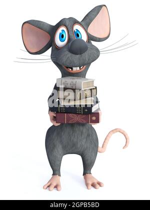 3D Rendering einer niedlichen lächelnden Cartoon-Maus hält einen Stapel von Büchern in den Händen. Weißer Hintergrund. Stockfoto