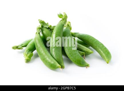 Viele Schnapperbsen auf weißem Hintergrund Stockfoto