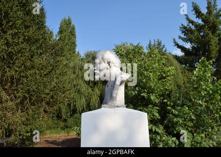 Alten Lenin-Denkmal. Eine konkrete Büste von Lenin in der Nähe von Erholungszentrum in der ländlichen Siedlung. Stockfoto