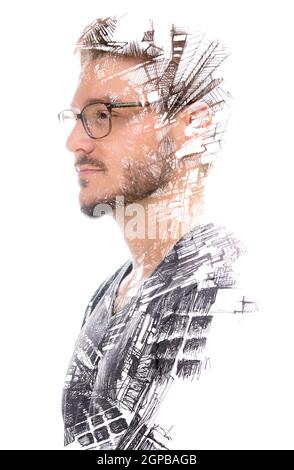 Paintographie. Porträt eines jungen Mannes mit Brille und einer kreativen Linienzeichnung Stockfoto