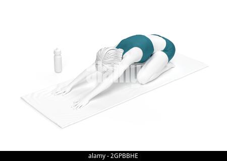 Frau tut Kinder Pose Stretch auf Trainingsmatte. 3D-Illustration Stockfoto