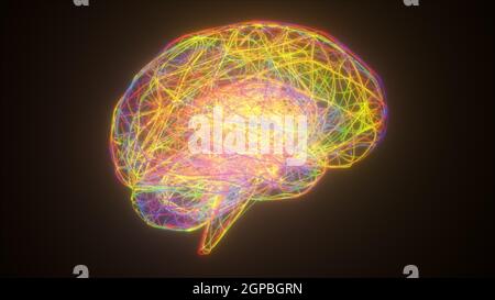 Bunte Neon Gehirn, Computer generiert. 3D Rendering abstrakter Hintergrund aus dünnem Netz Stockfoto